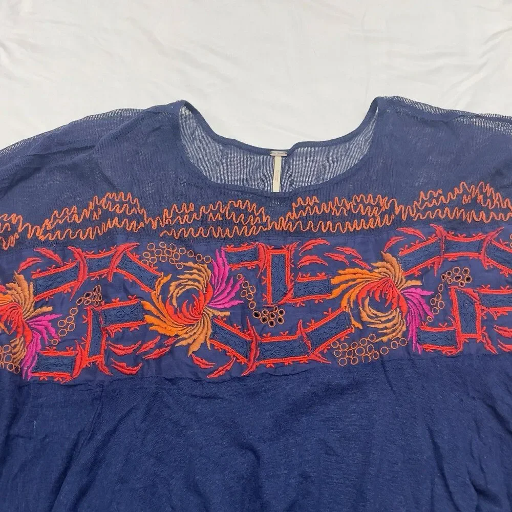 Free People MEDIUM Love Letter Embroidered Oversized Poncho Top Navy Blue Boho